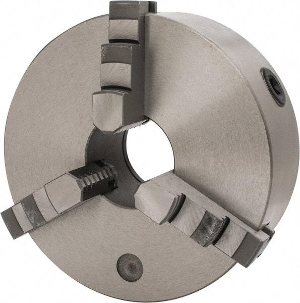 Interstate - 3 Jaws, 8" Diam, Self Centering Manual Lathe Chuck - Plain Back Mount Spindle, 2.5591" Through Hole Diam, 0.003" Axial Runout, Cast Iron - Exact Industrial Supply