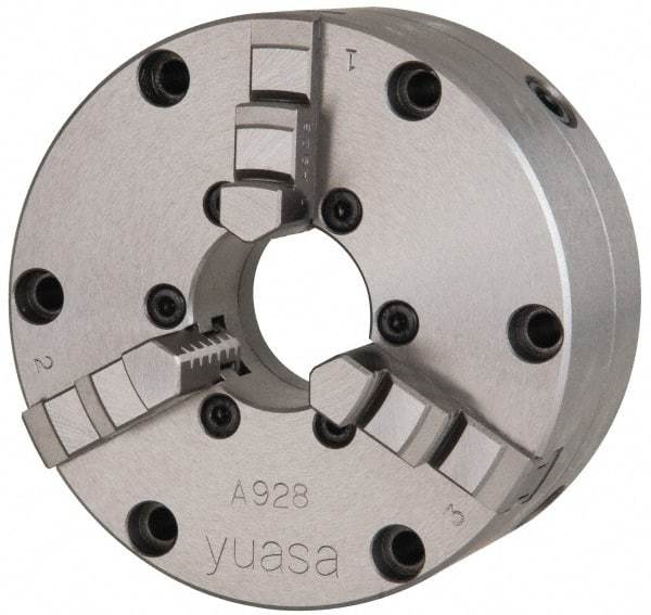 Yuasa - 3 Jaws, 4" Diam, Self Centering Manual Lathe Chuck - Plain Back Mount Spindle, Adjustable, 1.2598" Through Hole Diam, 0.0005" Axial Runout, Cast Iron - Exact Industrial Supply