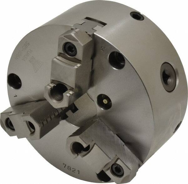 Yuasa - 3 Jaws, 6" Diam, Self Centering Manual Lathe Chuck - Plain Back Mount Spindle, Adjustable, Reversible, 1.7323" Through Hole Diam, 0.0005" Axial Runout, Cast Iron - Exact Industrial Supply