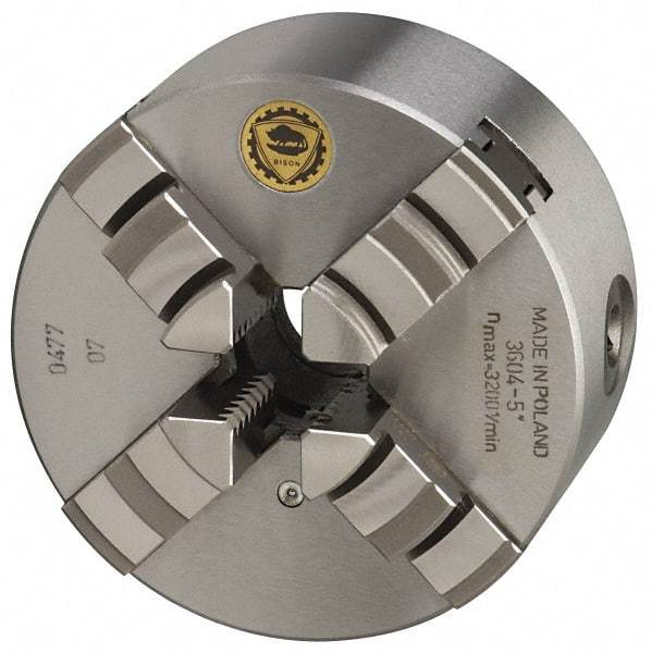 Bison - 4 Jaws, 10" Diam, Self Centering Manual Lathe Chuck - Plain Back Mount Spindle, 2,000 Max RPM, 2.9921" Through Hole Diam, 0.001" Axial Runout, 0.0016" Radial Runout, Cast Iron - Exact Industrial Supply