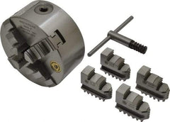 Bison - 4 Jaws, 5" Diam, Self Centering Manual Lathe Chuck - Plain Back Mount Spindle, 3,200 Max RPM, 9.921" Through Hole Diam, 0.0008" Axial Runout, 0.0012" Radial Runout, Cast Iron - Exact Industrial Supply