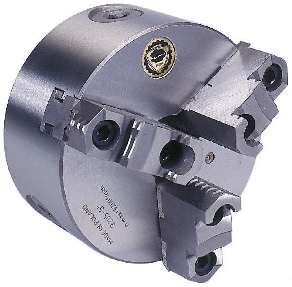 Bison - 3 Jaws, 5" Diam, Self Centering Manual Lathe Chuck - 1-10" Spindle Mount, Reversible, 3,200 Max RPM, 1.2598" Through Hole Diam, 0.0008" Axial Runout, 0.0012" Radial Runout, Cast Iron - Exact Industrial Supply