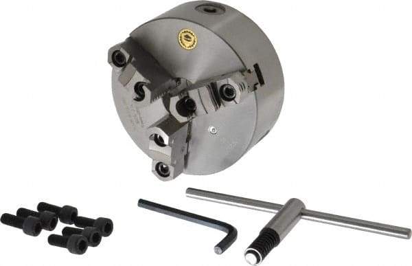 Bison - 3 Jaws, 6" Diam, Self Centering Manual Lathe Chuck - Plain Back Mount Spindle, Reversible, 3,000 Max RPM, 1.6535" Through Hole Diam, 0.0008" Axial Runout, 0.0012" Radial Runout, Cast Iron - Exact Industrial Supply