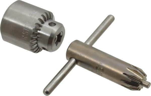 Jacobs - JT0, 0 to 5/32" Capacity, Tapered Mount Stainless Steel Drill Chuck - Keyed, 21.59mm Sleeve Diam, 27.94mm Open Length - Exact Industrial Supply
