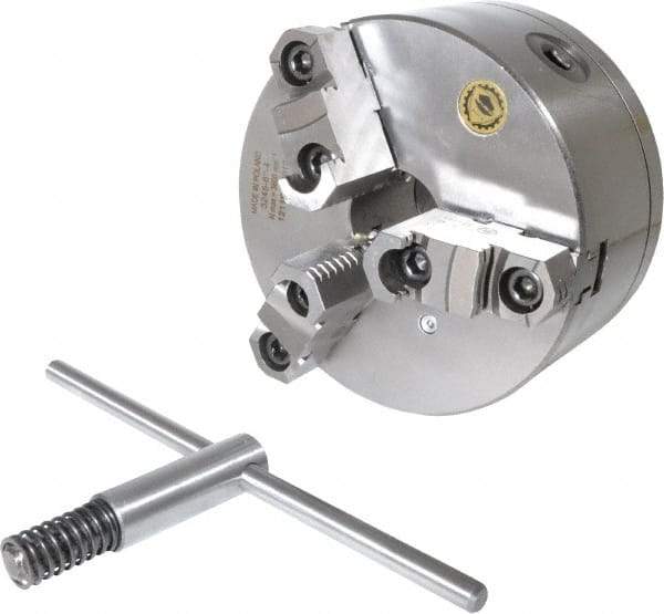 Bison - 3 Jaws, 6" Diam, Self Centering Manual Lathe Chuck - D1-4 Mount Spindle, Reversible, 3,000 Max RPM, 1.6535" Through Hole Diam, 0.0008" Axial Runout, 0.0012" Radial Runout, Cast Iron - Exact Industrial Supply