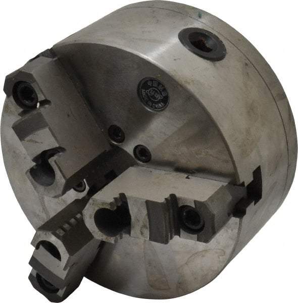 Interstate - 3 Jaws, 6" Diam, Self Centering Manual Lathe Chuck - D1-3 Mount Spindle, Reversible, 1.5748" Through Hole Diam, Cast Iron - Exact Industrial Supply