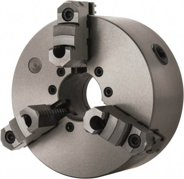 Interstate - 3 Jaws, 8" Diam, Self Centering Manual Lathe Chuck - D1-6 Mount Spindle, Reversible, 1.9685" Through Hole Diam, Cast Iron - Exact Industrial Supply