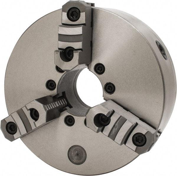 Interstate - 3 Jaws, 10" Diam, Self Centering Manual Lathe Chuck - D1-6 Mount Spindle, Reversible, 2.7559" Through Hole Diam, Cast Iron - Exact Industrial Supply