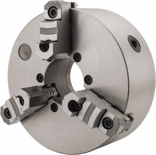 Interstate - 3 Jaws, 10" Diam, Self Centering Manual Lathe Chuck - D1-8 Mount Spindle, Reversible, 2.7559" Through Hole Diam, Cast Iron - Exact Industrial Supply