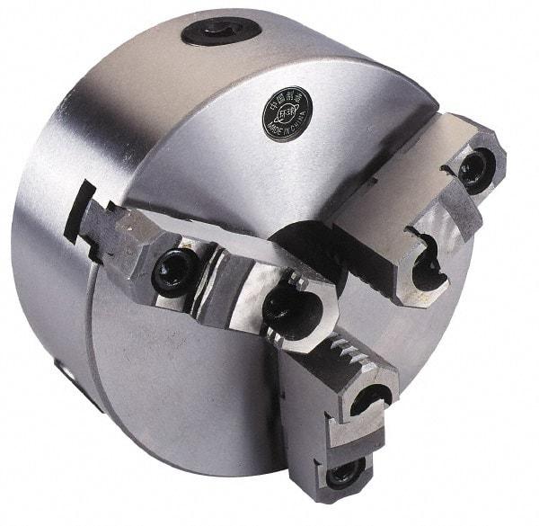 Interstate - 3 Jaws, 10" Diam, Self Centering Manual Lathe Chuck - Plain Back Mount Spindle, Reversible, 3.1496" Through Hole Diam, 0.003" Axial Runout, Cast Iron - Exact Industrial Supply