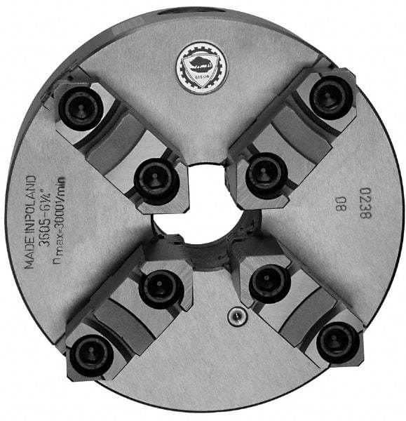 Bison - 4 Jaws, 6" Diam, Self Centering Manual Lathe Chuck - Plain Back Mount Spindle, Reversible, 3,000 Max RPM, 1.6535" Through Hole Diam, 0.0012" Axial Runout, 0.0015" Radial Runout, Cast Iron - Exact Industrial Supply