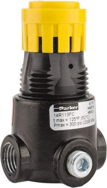 Parker - 1/4 NPT Port, 15 CFM, Zinc Miniature Regulator - 2 to 125 psi Range, 300 Max psi Supply Pressure, 1/8" Gauge Port Thread, 1.65" Wide x 2.88" High - Exact Industrial Supply