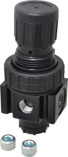 Parker - 1/4 NPT Port, 30 CFM, Zinc Economy Regulator - 2 to 125 psi Range, 300 Max psi Supply Pressure, 1/4" Gauge Port Thread, 2" Wide x 4.44" High - Exact Industrial Supply