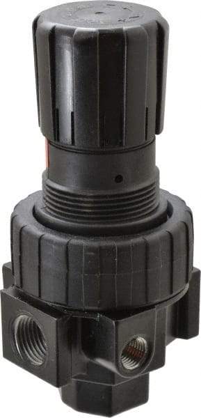 Parker - 1/2 NPT Port, 75 CFM, Zinc Compact Regulator - 2 to 125 psi Range, 250 Max psi Supply Pressure, 1/4" Gauge Port Thread, 2.81" Wide x 6.08" High - Exact Industrial Supply