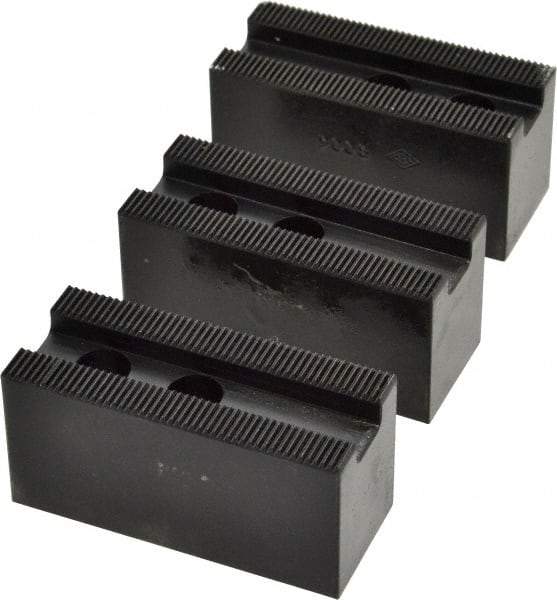 Value Collection - 6" Chuck Capacity, 1.5mm x 60° Serrated Attachment, Square Soft Lathe Chuck Jaw - 3 Jaws, Steel, 0.7874" Btw Mount Hole Ctrs, 1.181mm Long x 30mm Wide x 1-3/8" High, 0.4724" Groove, 10mm Fastener - Exact Industrial Supply