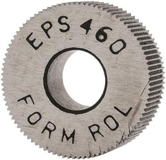 Made in USA - 1/2" Diam, 70° Tooth Angle, 60 TPI, Standard (Shape), Form Type High Speed Steel Straight Knurl Wheel - 3/16" Face Width, 3/16" Hole, Circular Pitch, Bright Finish, Series EP - Exact Industrial Supply