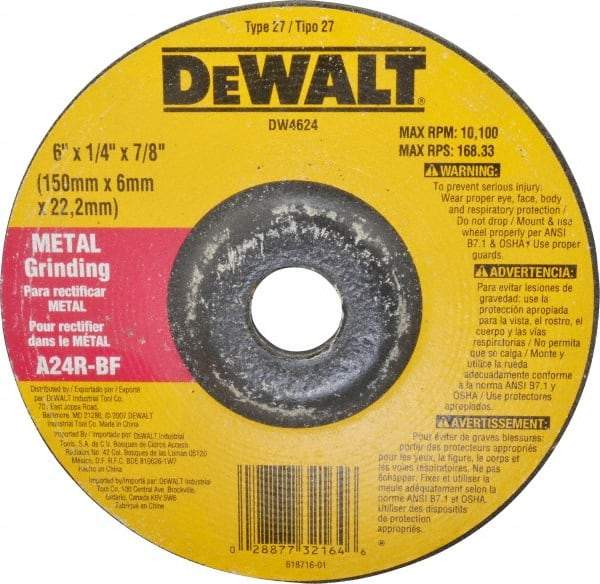 DeWALT - 24 Grit, 6" Wheel Diam, 1/4" Wheel Thickness, 7/8" Arbor Hole, Type 27 Depressed Center Wheel - Aluminum Oxide, R Hardness, 10,100 Max RPM, Compatible with Angle Grinder - Exact Industrial Supply