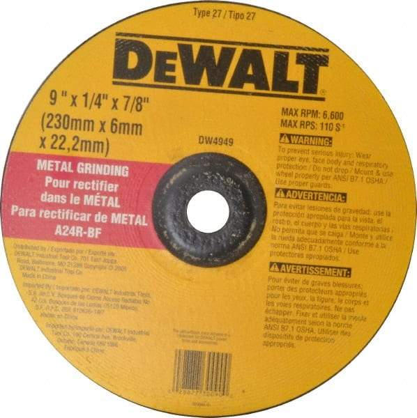 DeWALT - 24 Grit, 9" Wheel Diam, 1/4" Wheel Thickness, 7/8" Arbor Hole, Type 27 Depressed Center Wheel - Aluminum Oxide, R Hardness, 6,600 Max RPM, Compatible with Angle Grinder - Exact Industrial Supply