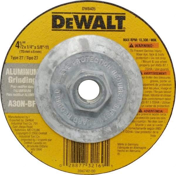 DeWALT - 30 Grit, 4-1/2" Wheel Diam, 1/4" Wheel Thickness, Type 27 Depressed Center Wheel - Aluminum Oxide, N Hardness, 13,300 Max RPM, Compatible with Angle Grinder - Exact Industrial Supply