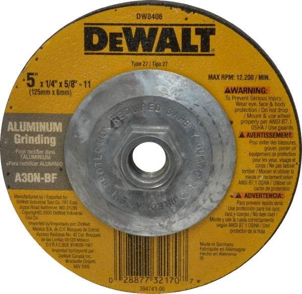 DeWALT - 30 Grit, 5" Wheel Diam, 1/4" Wheel Thickness, Type 27 Depressed Center Wheel - Aluminum Oxide, N Hardness, 12,200 Max RPM, Compatible with Angle Grinder - Exact Industrial Supply