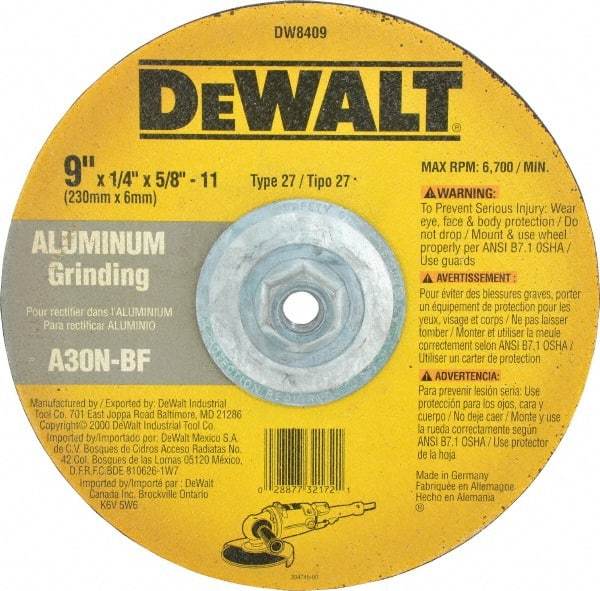 DeWALT - 30 Grit, 9" Wheel Diam, 1/4" Wheel Thickness, Type 27 Depressed Center Wheel - Aluminum Oxide, N Hardness, 6,600 Max RPM, Compatible with Angle Grinder - Exact Industrial Supply