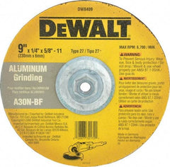 DeWALT - 30 Grit, 9" Wheel Diam, 1/4" Wheel Thickness, Type 27 Depressed Center Wheel - Aluminum Oxide, N Hardness, 6,600 Max RPM, Compatible with Angle Grinder - Exact Industrial Supply