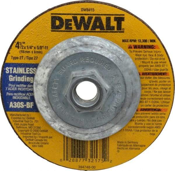 DeWALT - 30 Grit, 4-1/2" Wheel Diam, 1/4" Wheel Thickness, Type 27 Depressed Center Wheel - Aluminum Oxide, S Hardness, 13,300 Max RPM, Compatible with Angle Grinder - Exact Industrial Supply