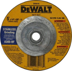 DeWALT - 30 Grit, 5" Wheel Diam, 1/4" Wheel Thickness, Type 27 Depressed Center Wheel - Aluminum Oxide, S Hardness, 12,200 Max RPM, Compatible with Angle Grinder - Exact Industrial Supply