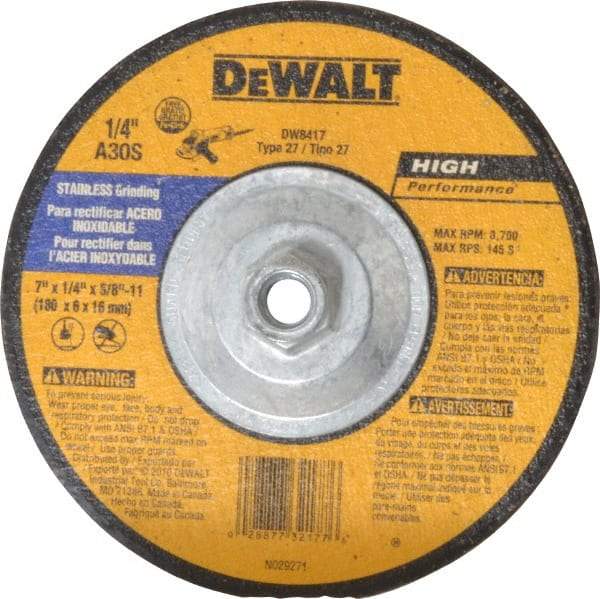 DeWALT - 30 Grit, 7" Wheel Diam, 1/4" Wheel Thickness, Type 27 Depressed Center Wheel - Aluminum Oxide, S Hardness, 8,700 Max RPM, Compatible with Angle Grinder - Exact Industrial Supply