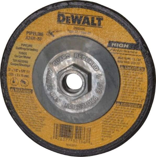 DeWALT - 24 Grit, 5" Wheel Diam, 1/8" Wheel Thickness, Type 27 Depressed Center Wheel - Aluminum Oxide, R Hardness, 12,200 Max RPM, Compatible with Angle Grinder - Exact Industrial Supply