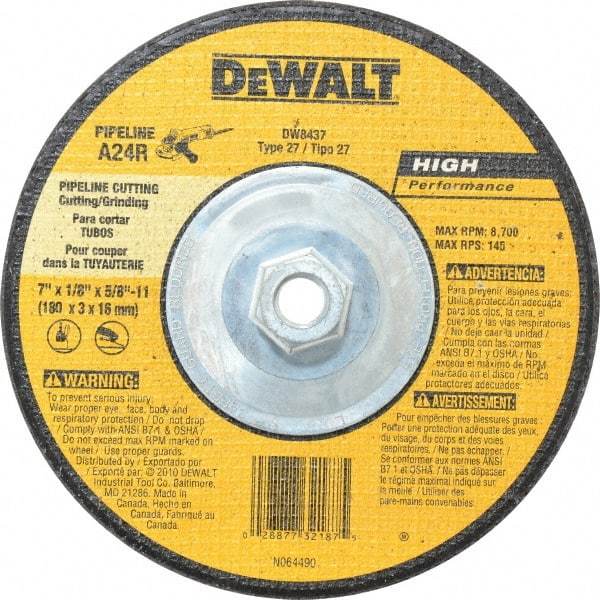 DeWALT - 24 Grit, 7" Wheel Diam, 1/8" Wheel Thickness, Type 27 Depressed Center Wheel - Aluminum Oxide, R Hardness, 8,700 Max RPM, Compatible with Angle Grinder - Exact Industrial Supply