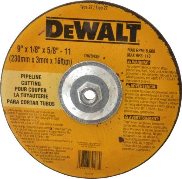 DeWALT - 24 Grit, 9" Wheel Diam, 1/8" Wheel Thickness, Type 27 Depressed Center Wheel - Aluminum Oxide, R Hardness, 6,600 Max RPM, Compatible with Angle Grinder - Exact Industrial Supply