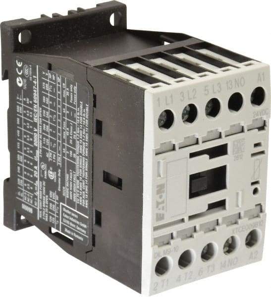 Eaton Cutler-Hammer - 3 Pole, 24 to 27 Coil VDC, 20 Amp, Nonreversible Open Enclosure IEC Contactor - 1 Phase hp: 0.5 at 115 V, 1 at 200 V, 1.5 at 230 V, 3 Phase hp: 3 at 200 V, 3 at 230 V, 5 at 460 V, 7.5 at 575 V, 9 Amp Inductive Load Rating Listed - Exact Industrial Supply