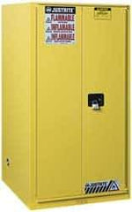 Justrite - 2 Door, 5 Shelf, Yellow Steel Standard Safety Cabinet for Flammable and Combustible Liquids - 65" High x 34" Wide x 34" Deep, Manual Closing Door, 3 Point Key Lock, 96 Gal Capacity - Exact Industrial Supply