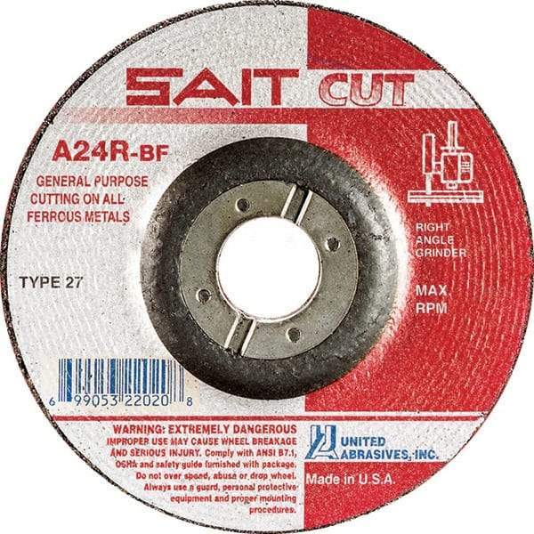 Sait - 24 Grit, 6" Wheel Diam, 1/8" Wheel Thickness, 7/8" Arbor Hole, Type 27 Depressed Center Wheel - Aluminum Oxide, Resinoid Bond, R Hardness, 10,200 Max RPM, Compatible with Angle Grinder - Exact Industrial Supply