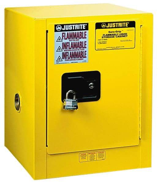 Justrite - 1 Door, 1 Shelf, Yellow Steel Bench Top Safety Cabinet for Flammable and Combustible Liquids - 22" High x 17" Wide x 17" Deep, Self Closing Door, 4 Gal Capacity - Exact Industrial Supply