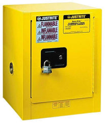 Justrite - 1 Door, 1 Shelf, Yellow Steel Bench Top Safety Cabinet for Flammable and Combustible Liquids - 22" High x 17" Wide x 17" Deep, Manual Closing Door, 4 Gal Capacity - Exact Industrial Supply