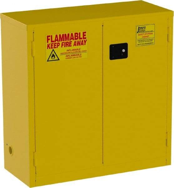 Jamco - 2 Door, 1 Shelf, Yellow Steel Standard Safety Cabinet for Flammable and Combustible Liquids - 44" High x 43" Wide x 18" Deep, Manual Closing Door, 3 Point Key Lock, 30 Gal Capacity - Exact Industrial Supply