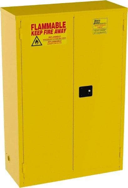 Jamco - 2 Door, 2 Shelf, Yellow Steel Standard Safety Cabinet for Flammable and Combustible Liquids - 65" High x 43" Wide x 18" Deep, Manual Closing Door, 3 Point Key Lock, 45 Gal Capacity - Exact Industrial Supply