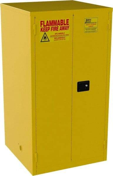 Jamco - 2 Door, 2 Shelf, Yellow Steel Standard Safety Cabinet for Flammable and Combustible Liquids - 65" High x 34" Wide x 34" Deep, Manual Closing Door, 3 Point Key Lock, 60 Gal Capacity - Exact Industrial Supply