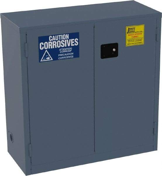 Jamco - 2 Door, 1 Shelf, Blue Steel Standard Safety Cabinet for Corrosive Chemicals - 44" High x 43" Wide x 18" Deep, Manual Closing Door, 3 Point Key Lock, 30 Gal Capacity - Exact Industrial Supply