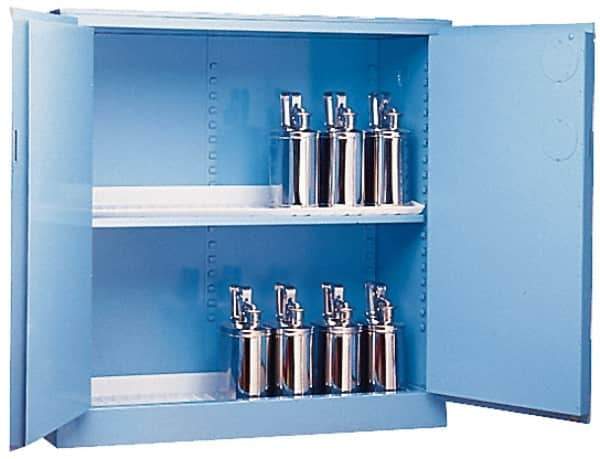 Justrite - 2 Door, 2 Shelf, Blue Steel Standard Safety Cabinet for Corrosive Chemicals - 65" High x 34" Wide x 34" Deep, Manual Closing Door, 3 Point Key Lock, 60 Gal Capacity - Exact Industrial Supply