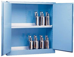 Justrite - 2 Door, 2 Shelf, Blue Steel Standard Safety Cabinet for Corrosive Chemicals - 65" High x 34" Wide x 34" Deep, Manual Closing Door, 3 Point Key Lock, 60 Gal Capacity - Exact Industrial Supply