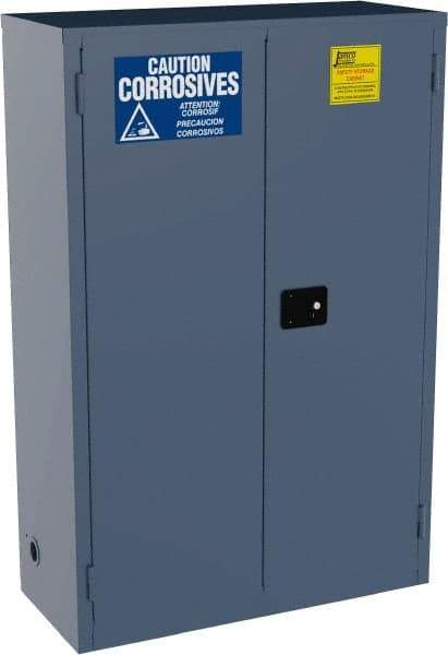 Jamco - 2 Door, 2 Shelf, Blue Steel Standard Safety Cabinet for Corrosive Chemicals - 65" High x 43" Wide x 18" Deep, Manual Closing Door, 3 Point Key Lock, 45 Gal Capacity - Exact Industrial Supply