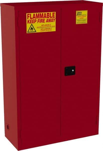 Jamco - 2 Door, 5 Shelf, Red Steel Standard Safety Cabinet for Flammable and Combustible Liquids - 65" High x 43" Wide x 18" Deep, Manual Closing Door, 3 Point Key Lock, 72 Gal Capacity - Exact Industrial Supply