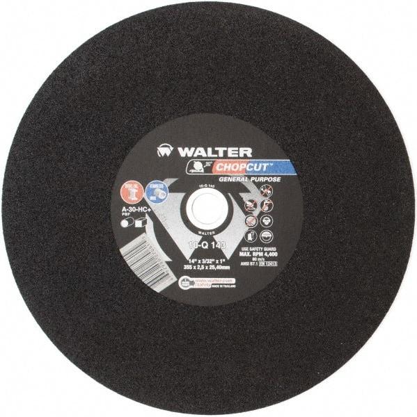WALTER Surface Technologies - 14" 30 Grit Aluminum Oxide Cutoff Wheel - 3/32" Thick, 1" Arbor, 4,400 Max RPM, Use with Electric & Gas Powered Saws - Exact Industrial Supply