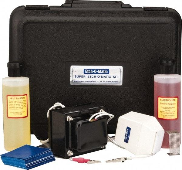 Etch-O-Matic - Electric Etcher - 10 Amp Kit, Includes 1 - 15-Volt, 10-Amp. Marker Unit With External Transformer; Adapter Clip For Deep Etch Marking; Ground Plate; 8 oz General Purpose Electrolyte; 8 oz Neutralizer; Extra Pads; 100 Pak Special Stencils - Exact Industrial Supply