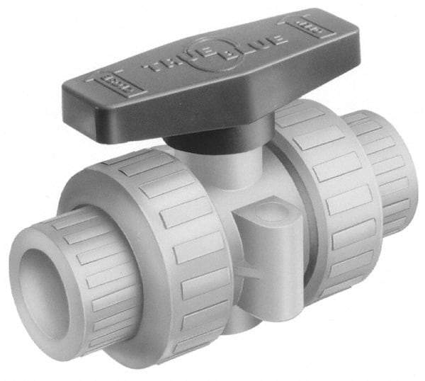 Plast-O-Matic - 1-1/4" Pipe, Full Port, PVC True Union Design Ball Valve - Inline - Two Way Flow, FNPT x FNPT Ends, Tee Handle, 175 WOG - Exact Industrial Supply