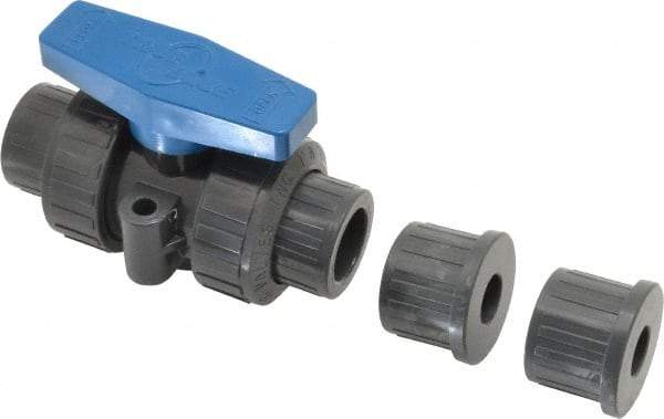 Plast-O-Matic - 1/2" Pipe, Full Port, PVC True Union Design Ball Valve - Inline - Two Way Flow, FNPT x FNPT Ends, Tee Handle, 175 WOG - Exact Industrial Supply