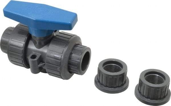 Plast-O-Matic - 3/4" Pipe, Full Port, PVC True Union Design Ball Valve - Inline - Two Way Flow, FNPT x FNPT Ends, Tee Handle, 175 WOG - Exact Industrial Supply